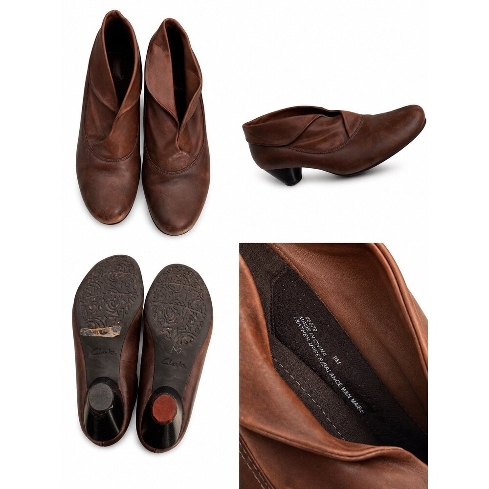 Clarks Women’s Brown Leather Ankle Booties Wrap Style Heels Size 9M